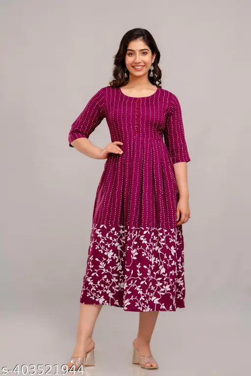 Trendy rayon Anarkali kurtis with three-quarter sleeves, printed combo for women's fashion events and functions, India origin