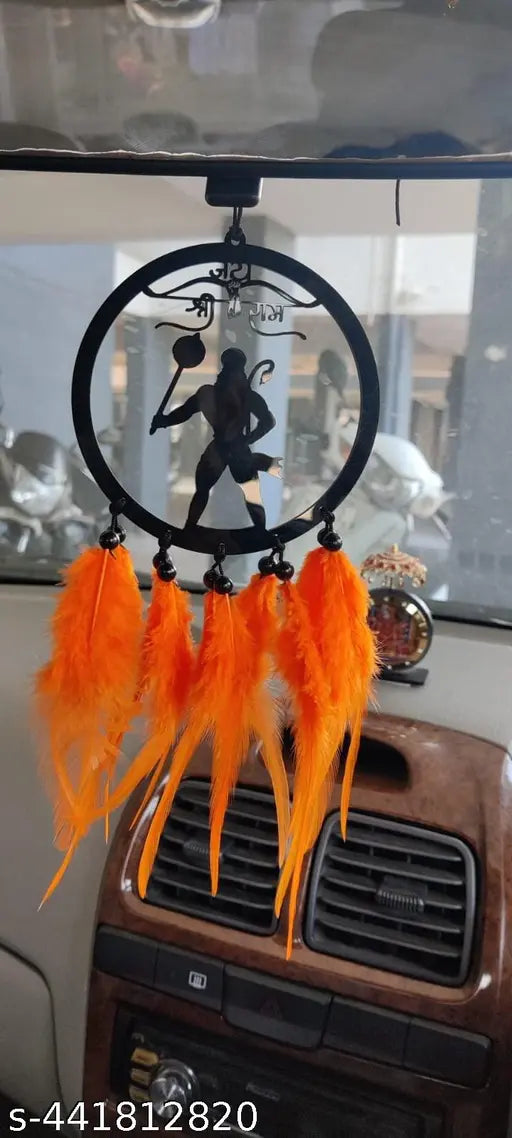 Orange wooden art deco Shree Ram dream catcher, handmade car hanger. Indian-crafted automobile showpiece