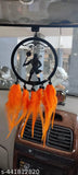 Orange wooden art deco Shree Ram dream catcher, handmade car hanger. Indian-crafted automobile showpiece