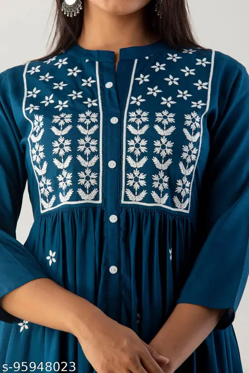 Blue rayon embroidered kurta with long flared sleeves and skirt
