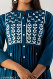 Blue rayon embroidered kurta with long flared sleeves and skirt