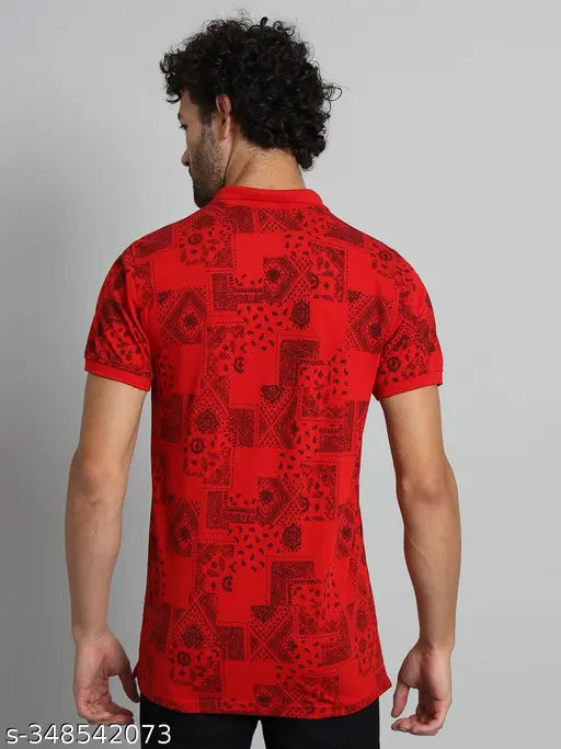 Red cotton blend men's printed short sleeve t-shirt by XFOX, Indian origin