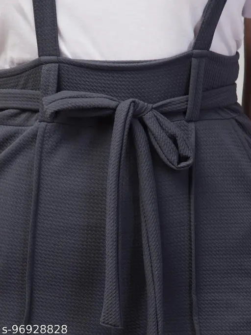 Grey polyester dungaree with white t-shirt for women, solid pattern, short sleeves, two available sizes M & L, made in India