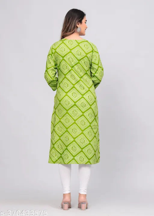 Green rayon Bandhni-style kurti with multi-color embroidery and three-quarter sleeves - Indian ethnic wear