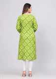 Green rayon Bandhni-style kurti with multi-color embroidery and three-quarter sleeves - Indian ethnic wear
