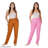 Women's lower track pants in pink, brown, and blue. Comfortable leisurewear with pockets on both sides and a front zipper for easy dressing. Pack of 2 included