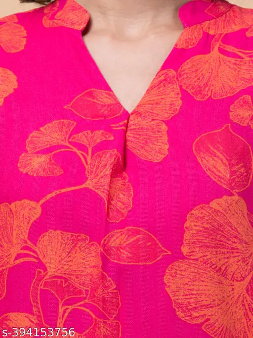 Fuchsia pink floral rayon slub sleeve top, three-quarter length, Hive91 brand
