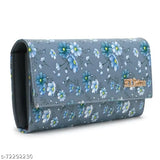 Grey clutch with blue flower pattern and small gold zipper
