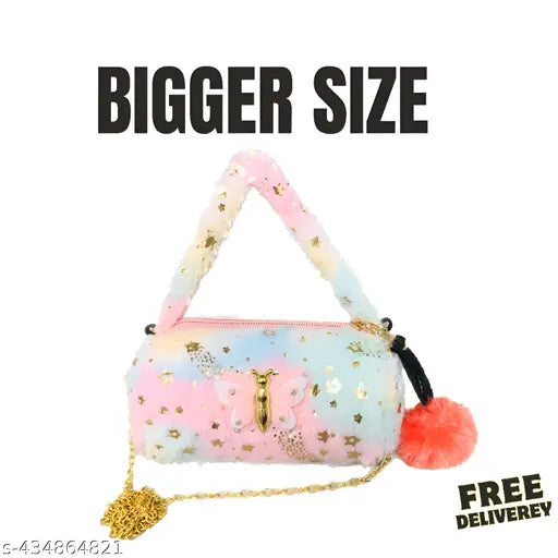 Black mini sling bag combo, three piece set for kids, small fur side bag with a pink pom pom