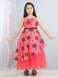 A bright pink, long-sleeved dress with floral dots designed for little girls, suitable for parties