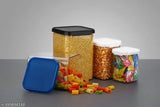 Plastic airtight set of containers for kitchen storage with different capacities, heavy-duty quality, square unbreakable design, suitable for dabba groceries and organization, including spoons