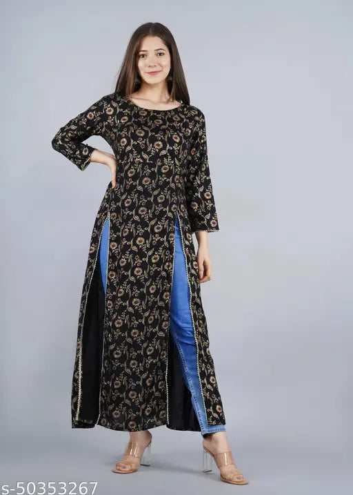 Rayon printed fit-and-flare kurta with three-quarter sleeves, attractive for women, India origin