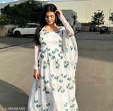 White Georgette full flared Anarkali style western gown top for home and summer wear, floral print with round neck and long sleeves