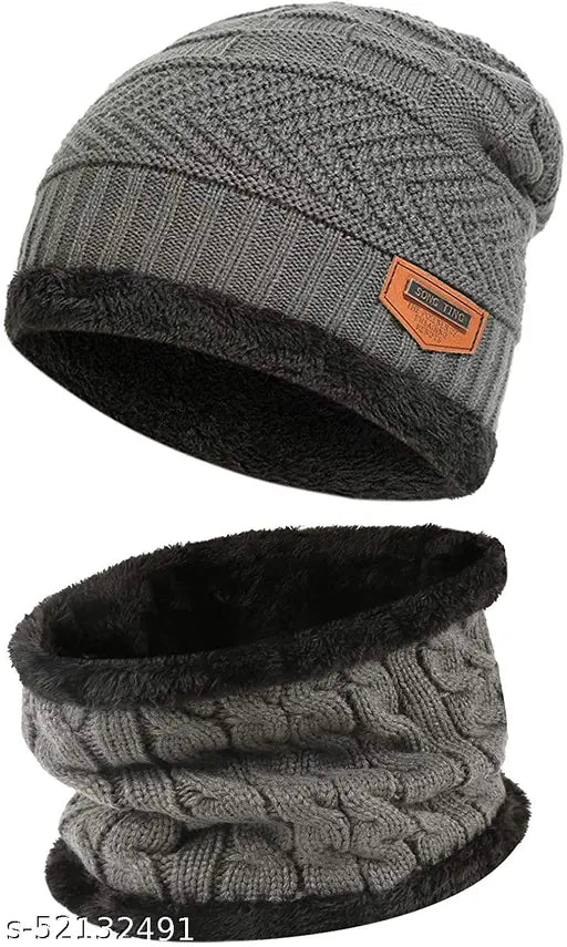 Grey premium quality stretchy acrylic knit winter beanie cap & neck warmer set, soft fleece lining for warmth