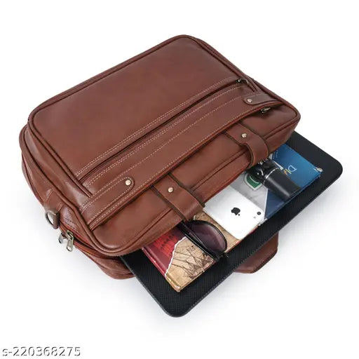 Classic office briefcase, brown leather, laptop bag with multiple pockets and compartments for daily use