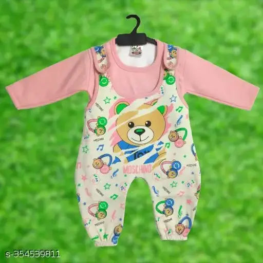 Pink bear print wool dungree with full sleeves for infants, India