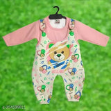 Pink bear print wool dungree with full sleeves for infants, India