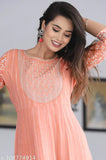 Peach rayon floral embroidered Anarkali Kurta, Indian ethnic wear with sequins, beads, tassels, and side slits in indigo, red, pink, orange, and yellow color combination