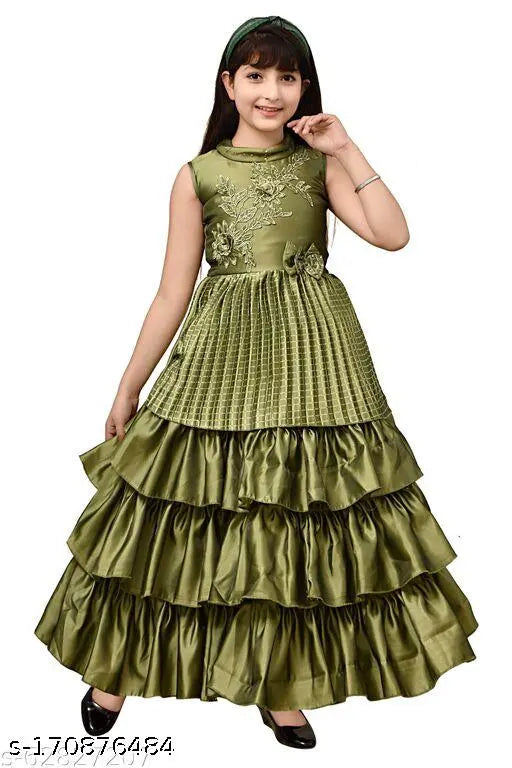 Green silk blend solid pleated gown for girls (pack of 1), stylish kids wear, short western dress with embroidered net detail, size 4-5 years