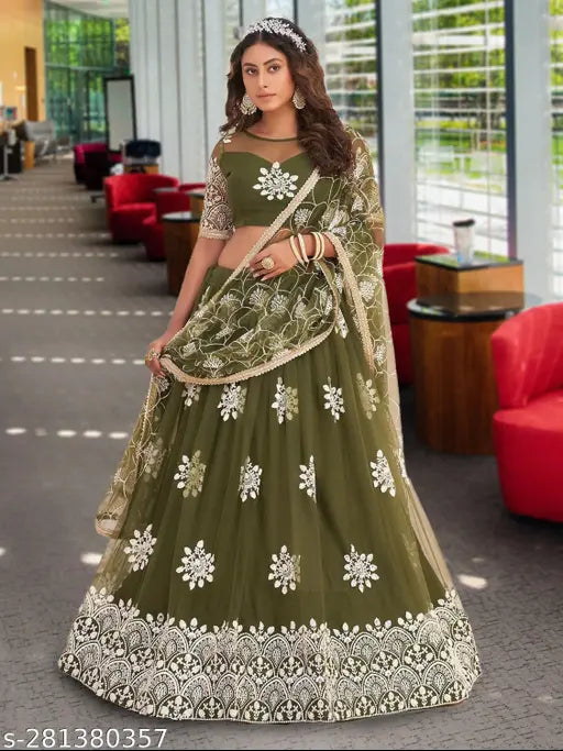 Designer embroidered net lehenga choli with semi-stitched dupatta, featuring intricate work on the blouse and skirt, size 52x48 in