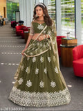 Designer embroidered net lehenga choli with semi-stitched dupatta, featuring intricate work on the blouse and skirt, size 52x48 in