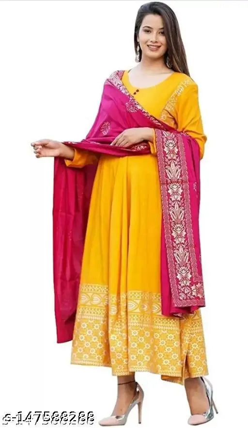 Plus size long anarakali yellow kurta with pink dupatta, rayon fabric, three-quarter sleeves, ideal for Haldi Rashm ceremony