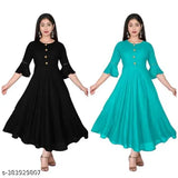 Women's Anarkali Kurti Set with Bell Sleeves - Latest Fashion, Blue-Black Aqua, Solid Flared Design