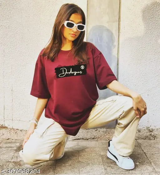 Maroon oversized t-shirt with white writing, casual women's clothing
