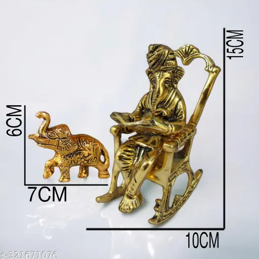Golden Ganpati and elephant figurine, handcrafted metal artifact, 15 cm tall