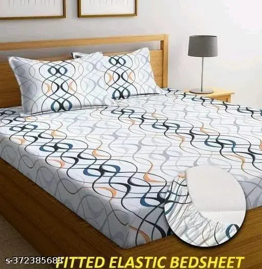White, 100% pure cotton, elastic fitted bedsheet for double bed with 2 pillow covers (72x78 inches), geometric design. Perfect for summer, ideal for adults