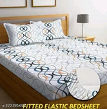 White, 100% pure cotton, elastic fitted bedsheet for double bed with 2 pillow covers (72x78 inches), geometric design. Perfect for summer, ideal for adults