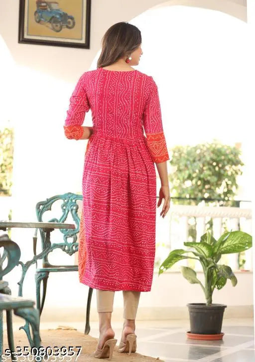 Alya pink rayon kurta with dyed/washed bendaj print, three-quarter sleeves, women's fashion, Indian ethnic wear (S: 36in bust, M: 38in bust, L: 40in bust, XL: 42in bust, XXL: 44in bust)
