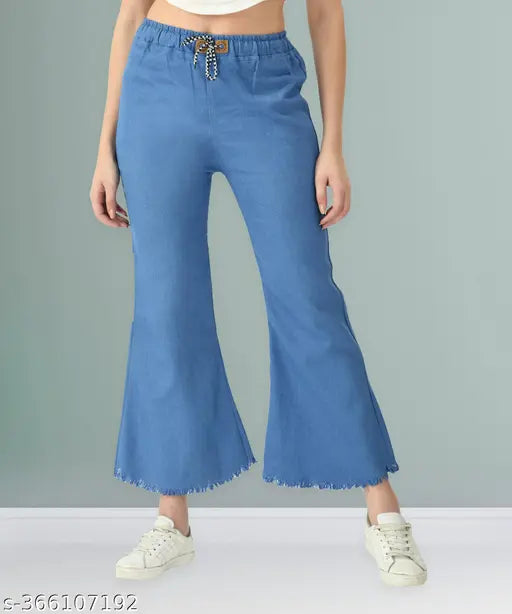 Light blue stretchable denim flared women's pants, mid-waist, elastic waistband, ankle cuff, plus size, cargo pockets, jeans blogger capris for girls, xl 2xl 3xl 4xl