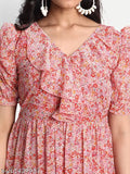 Floral print chiffon midi dress, pink and tiered ruffle design for women