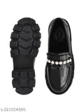 Synthetic detailed black loafers by Stylestry, slip-on upper beads design for women's wide fit shoes, classic bellies with chain detailing. Made in India