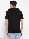 Men's black short sleeve solid cotton hooded t-shirt, high quality round neck & cotton/polyester blend
