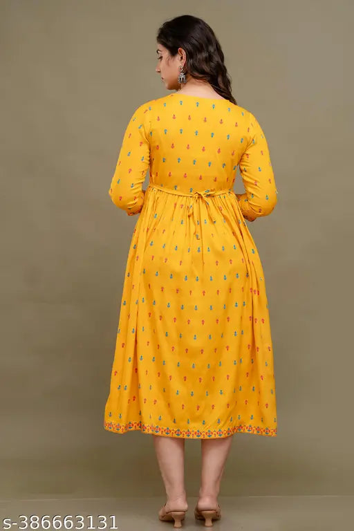 Yellow Printed Rayon Anarkali Kurta for Women, suitable for Haldi ceremonies and parties. Versatile design, available in multiple sizes