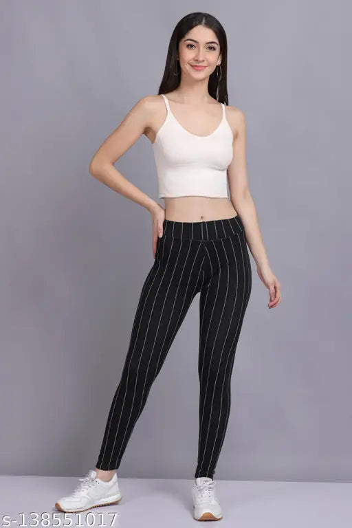 AXOLOTL Premium cotton ribbed stripes jegging for women, stylish and comfortable denimwear. Pair with various upper outfits. Cold water wash only; dry in shades. Available sizes: 26 (waist 26in, length 35in), 28, 30, 32, 34 (waist 34in, length 35in). Made in India