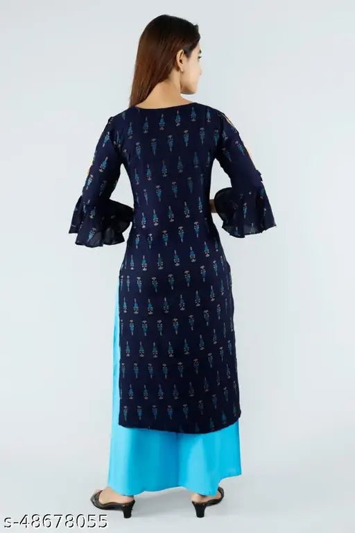 Rayon printed kurta set with palazzo pants, three-quarter sleeves, shoulder cut, freeled sleeves, and sky blue design. Indian traditional Libaas suit