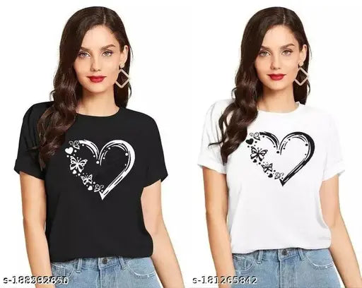 Heart with butterfly print over cotton t-shirts in round neck, regular fit - short sleeves, 100% cotton fabric