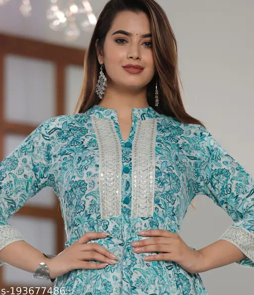 Aqua Blue Rayon Printed Kurti Gown, three-quarter sleeves, ideal for parties and festivals. Handcrafted in India