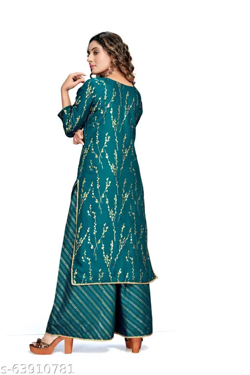 Fancy printed rayon Kurta Plazo set with foil design, three-quarter sleeve, and Palazzo bottom – beautiful Indian summer collection