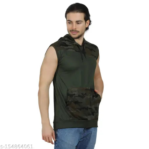 Men's polyester camouflage sleeveless hoodie t-shirt, great for sports & outdoor activities. Made in India