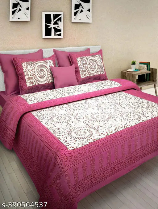 Pink cotton double bedsheet set with 2 pillow covers, printed design, 120 TC.