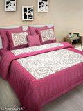 Pink cotton double bedsheet set with 2 pillow covers, printed design, 120 TC.
