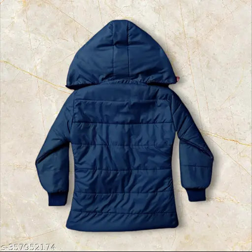 Navy blue puffer hoodie, zip closure, fleece lining
