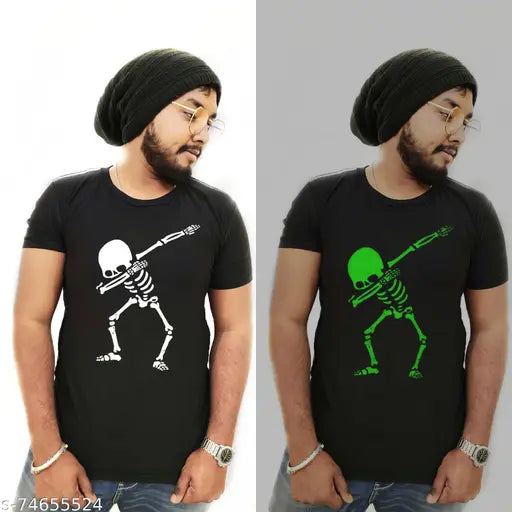 Glow-in-dark cotton round neck T-shirt with printed dance design, India origin