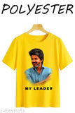 Yellow Vijay Thalapathy My Leader polyester short sleeved printed net top, Indian fashion wear on hangar