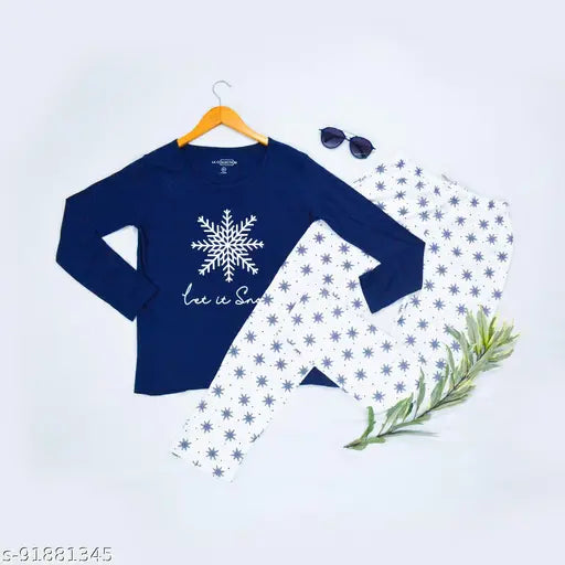 Pinkdots Navy blue cotton T-shirt and white pyjama set - soft, breathable sleepwear in Indian style