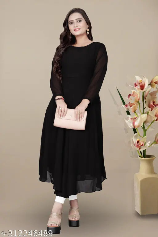 Trendy black knee-length ankle-fit kameez with short sleeves, side slit and long tassels